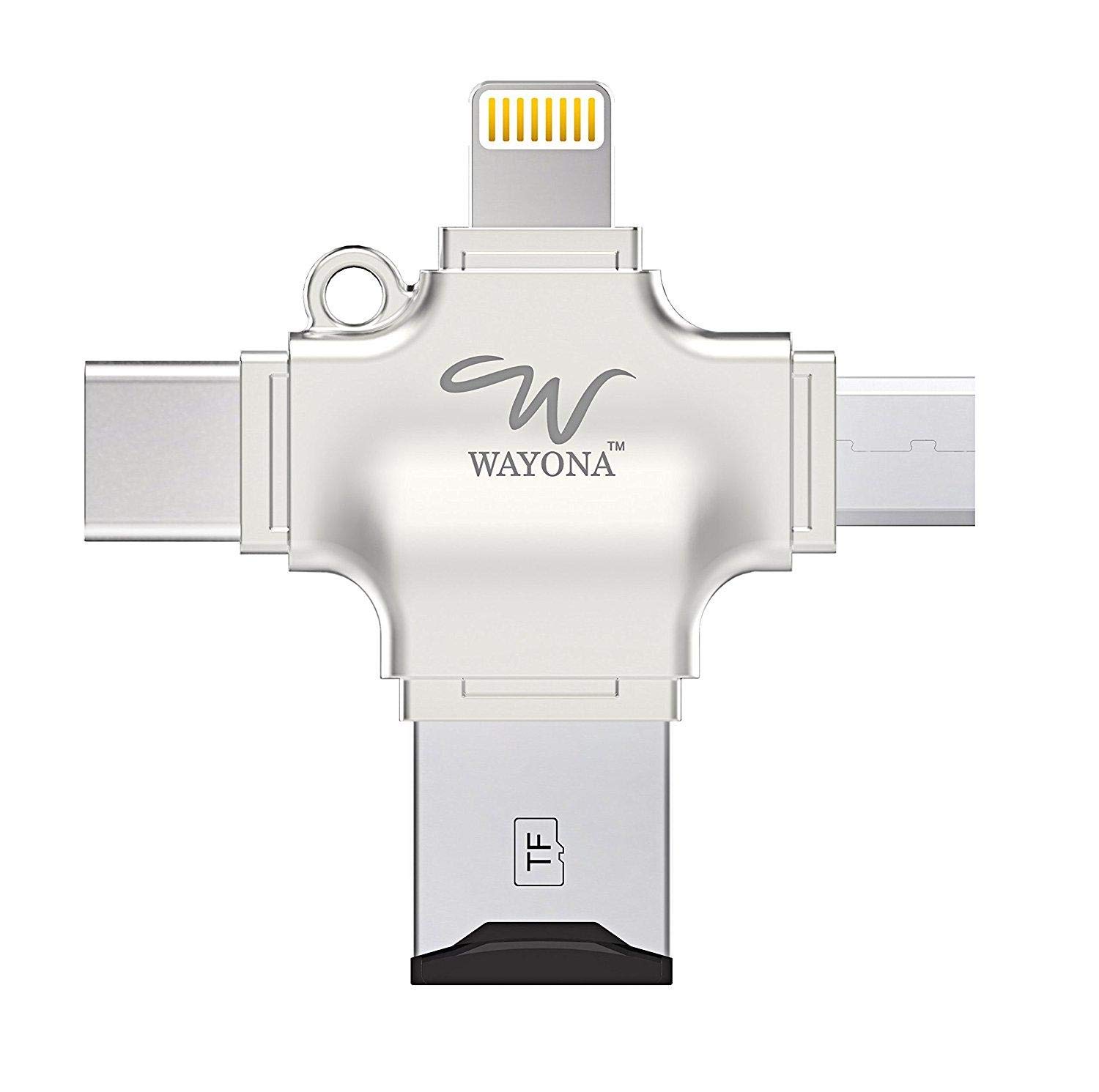 Wayona WR28 4-in-1 OTG Card Reader Connect with USB, Micro USB, Type C and Lightning Connector – Without Memory Card (Silver)