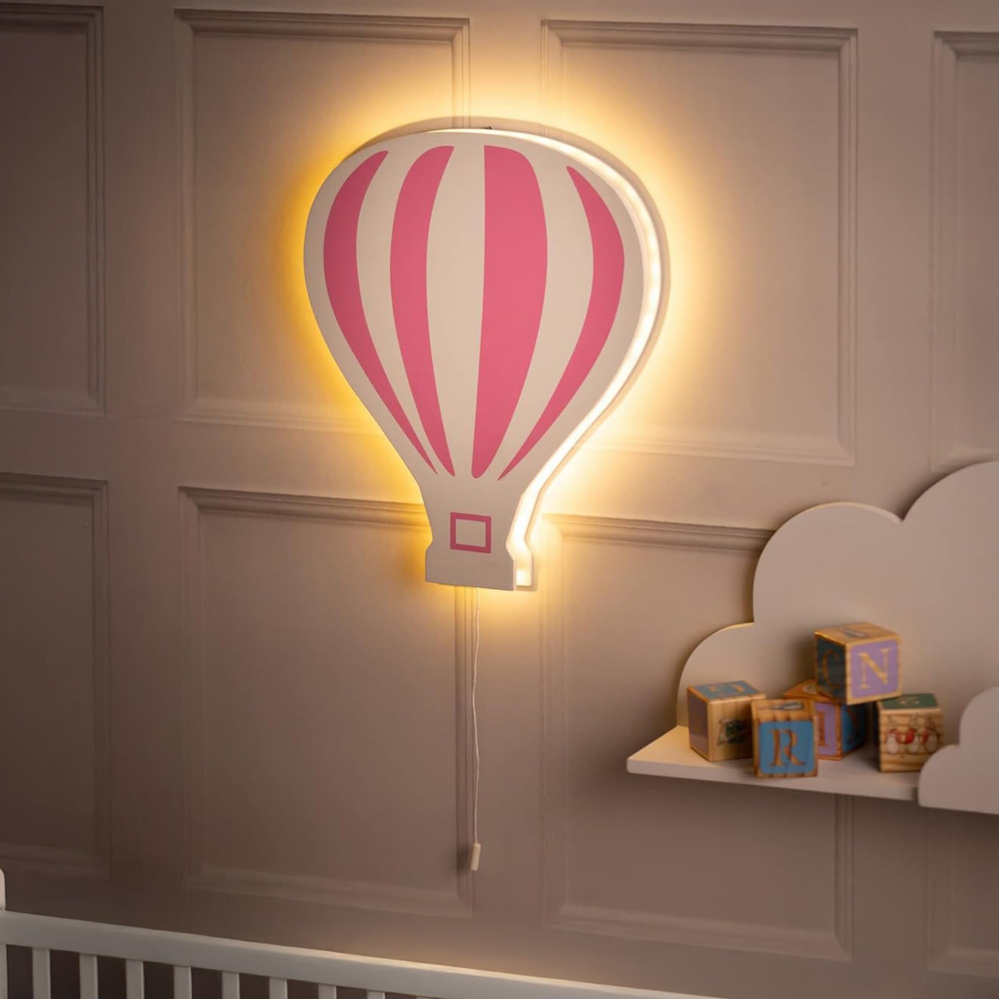 Marco Paul Pink Hot Air Balloon Wooden White LED Night Light ‎Battery Powered Night Light Kids Room Decor Wall Lights Wall Mounted Nursery Bedside Lamp Baby Gifts Bedroom Decor Lighting