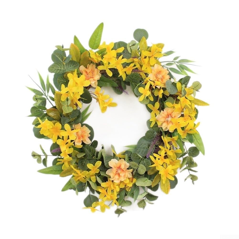 Corona primaverile estiva 55 cm eucalipto per sfondo matrimonio | Foglie di eucalipto realistiche, osmanto giallo vibrante, primavera estate per atmosfera, diametro 55 cm