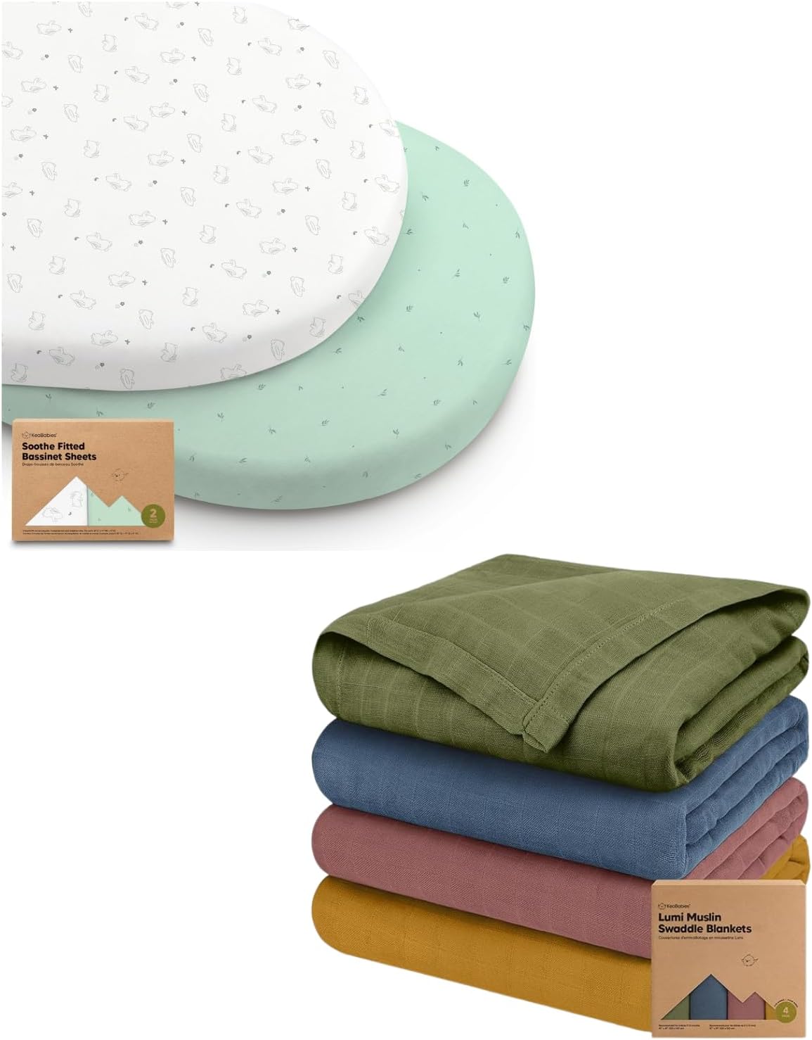KeaBabies 2-Pack Bassinet Sheets for Girls, Boys and 4-Pack Muslin Swaddle Blankets for Kids - 100% Cotton Bassinet Mattress Sheets Compatible with Halo Bassinest Swivel Sleeper - Baby Blanket