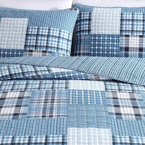 Image of Eddie Bauer - Queen Quilt Set, Reversible Cotton Bedding with Matching Shams, Patchwork Plaid Bedding Set (Hawthorne Blue, Queen)