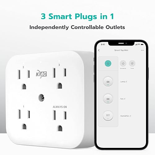 Miniatura 2 de KMC Smart Tap Mini, adaptador de enchufe inteligente múltiple montado en la pared de 4 tomas, 3 tomas inteligentes Wi-Fi controladas de forma