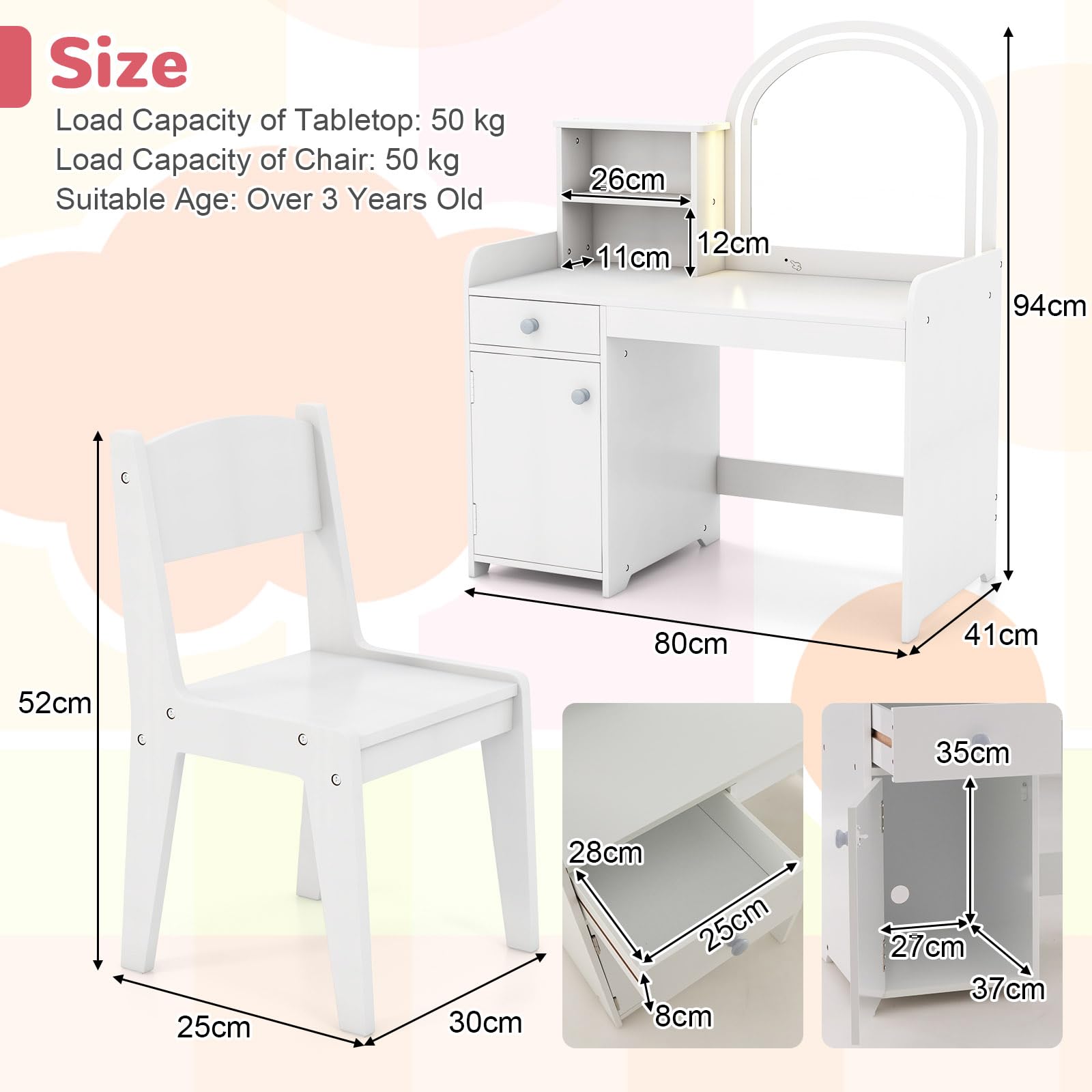 LIFEZEAL 2 en 1 Coiffeuse et Bureau pour Enfants avec Chaise, Table de Maquillage Fille avec Miroir LED & Casier, Coiffeuse en Bois avec Tiroir & Étagère, 3+ Ans, Charge de 50kg (Blanc)