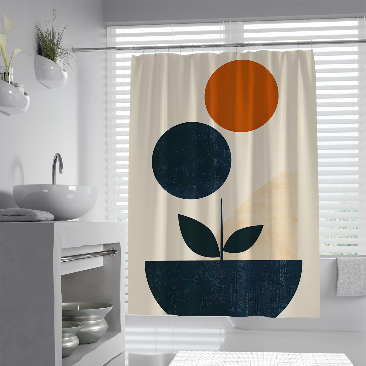 UIRINGART Botanical Shower Curtain W120xL180cm Mid Century Modern Minimalist Plant Pot Sun Bathroom Accessories Anti Mould Machine Washable Mildew Resistant Bath Tub
