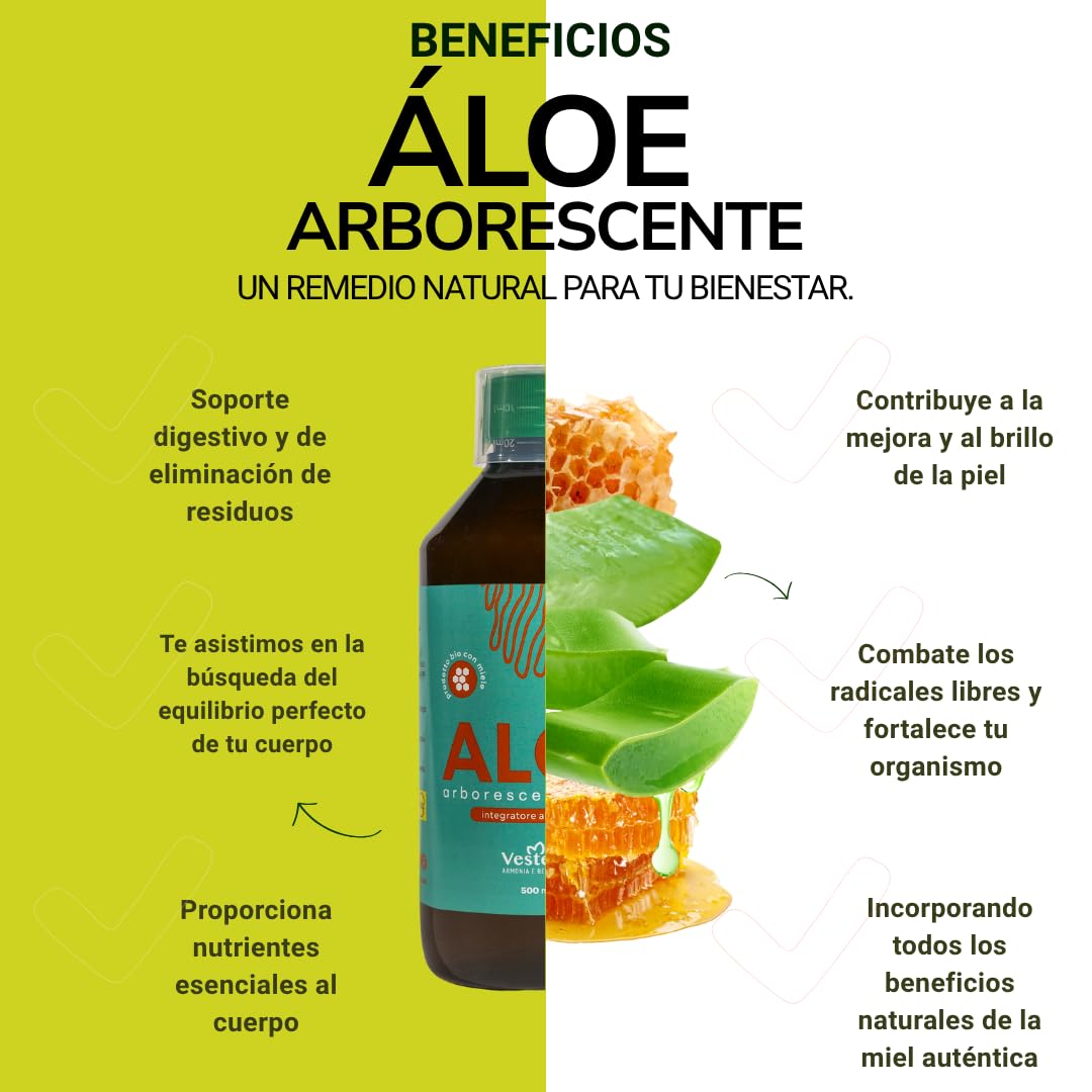 Vestena - Aloe Arborescens 100% Puro y Natural con Miel, Receta del Padre Zago. Jugo Detox Natural para Hígado e Intestino, Drenaje Potente - 500 ml - Made in Italy