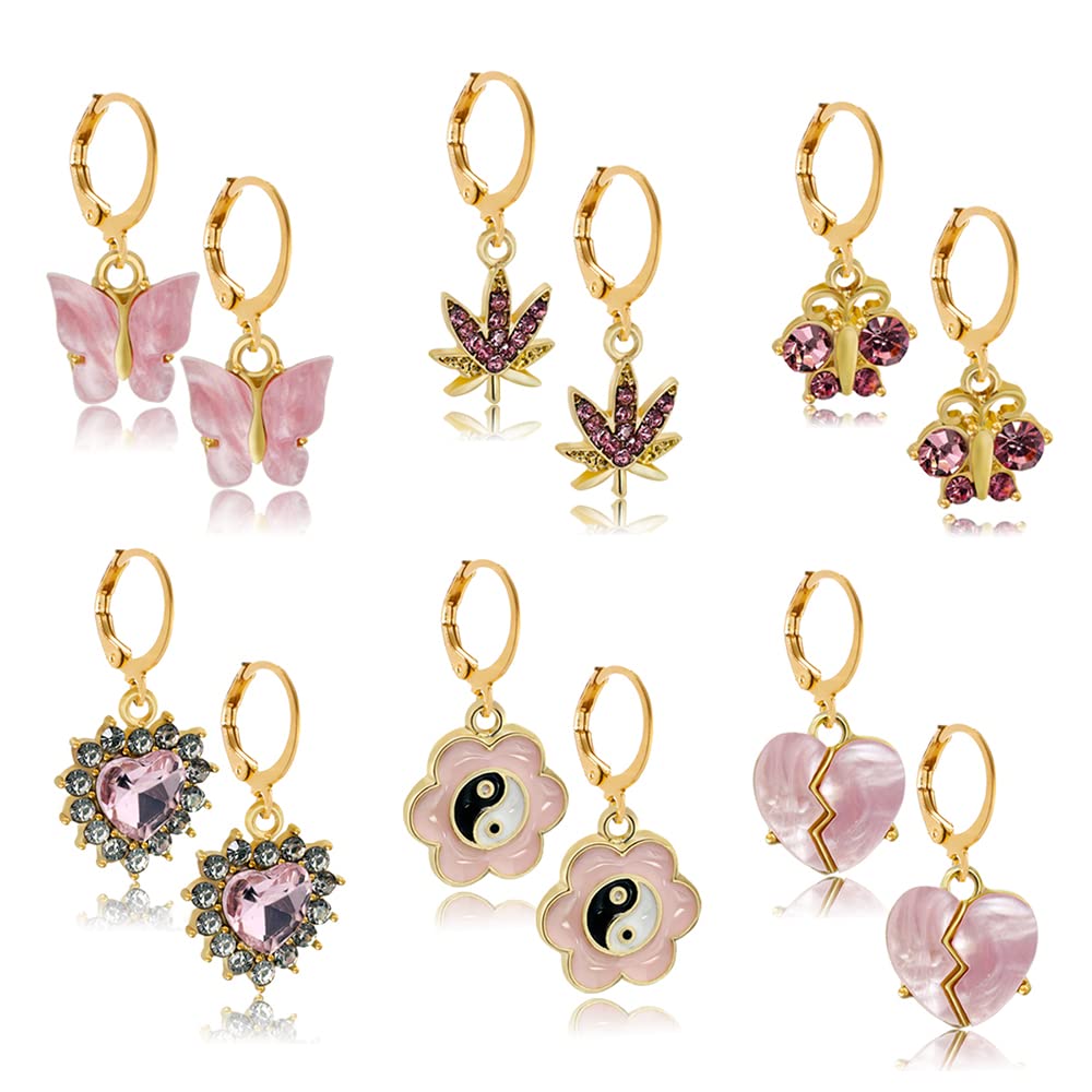 YCL&TXL6 Pairs Pink Butterfly Shape Flower Shape Heart Shaped Earrings Set for Women Funny Trendy Lightweight Dangle Drop Earrings, Zinc, resin Cubic Zirconia