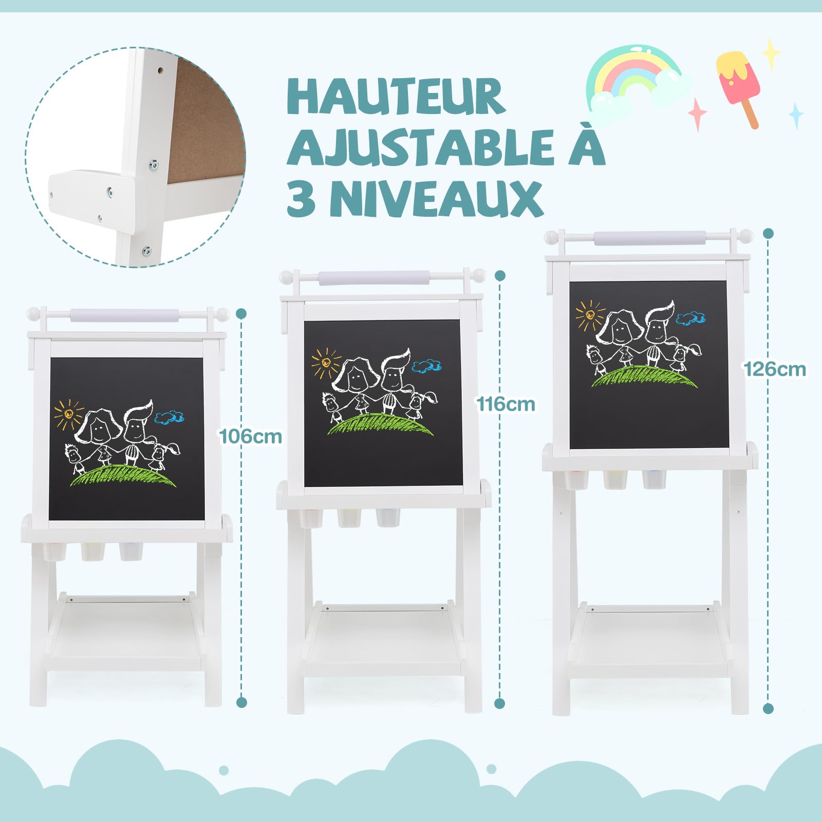 COSTWAY Tableau Enfant Double Face avec Hauteur Réglable & Rouleau de Papier Remplaçable, Chevalet Magnétique Pliable avec Tableau Noir & Blanc, 3 Pots & 3 Plateaux pour Enfant de 3 Ans+ (Blanc)