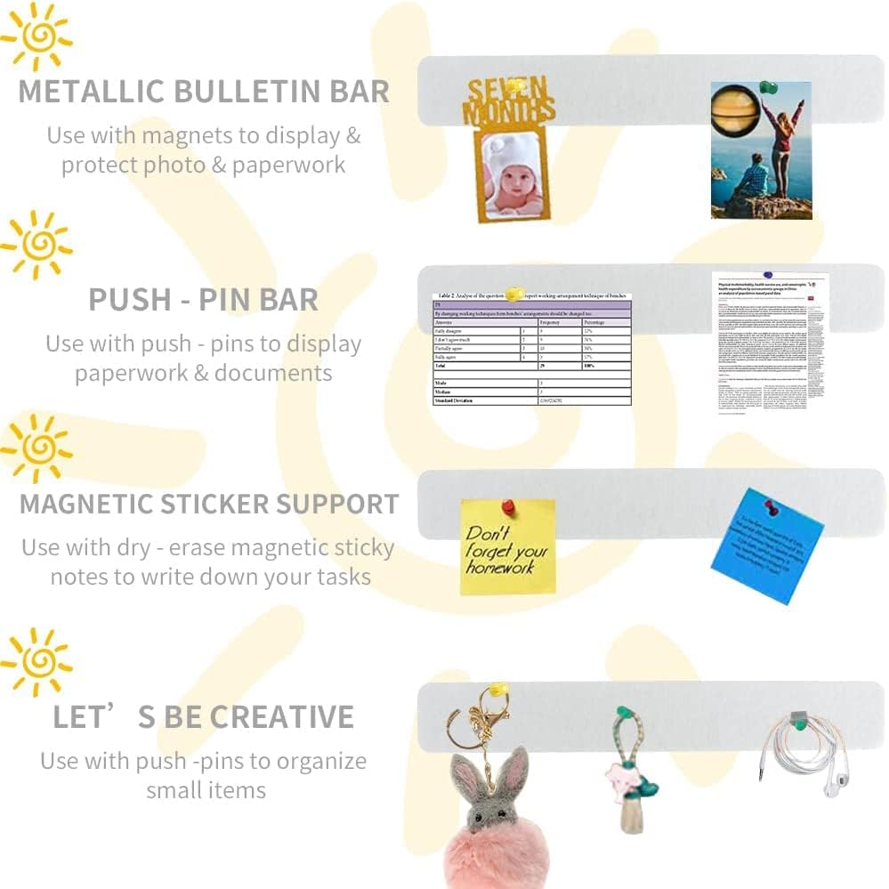 Miniatura 4 de 8 tiras de barra de corcho blanco con 50 alfileres y notas adhesivas, tiras autoadhesivas para tablón de anuncios que no dañan la pared, tablero de