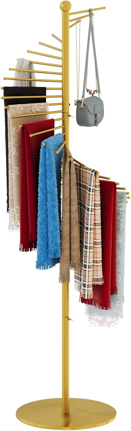 Spiral Scarf Rack, Metal Freestanding Scarf Organizer with 30 Rods, Commercial Hijab Organizer Stand for Home Clothing Store, Space Saving Shelves (Gold) Wood