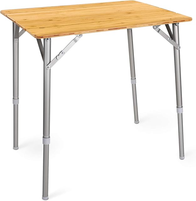Navaris Wooden Folding Table - Bamboo Height Adjustable, Foldable Camping Table for Outdoors, Picnics with Telescopic Aluminium Legs