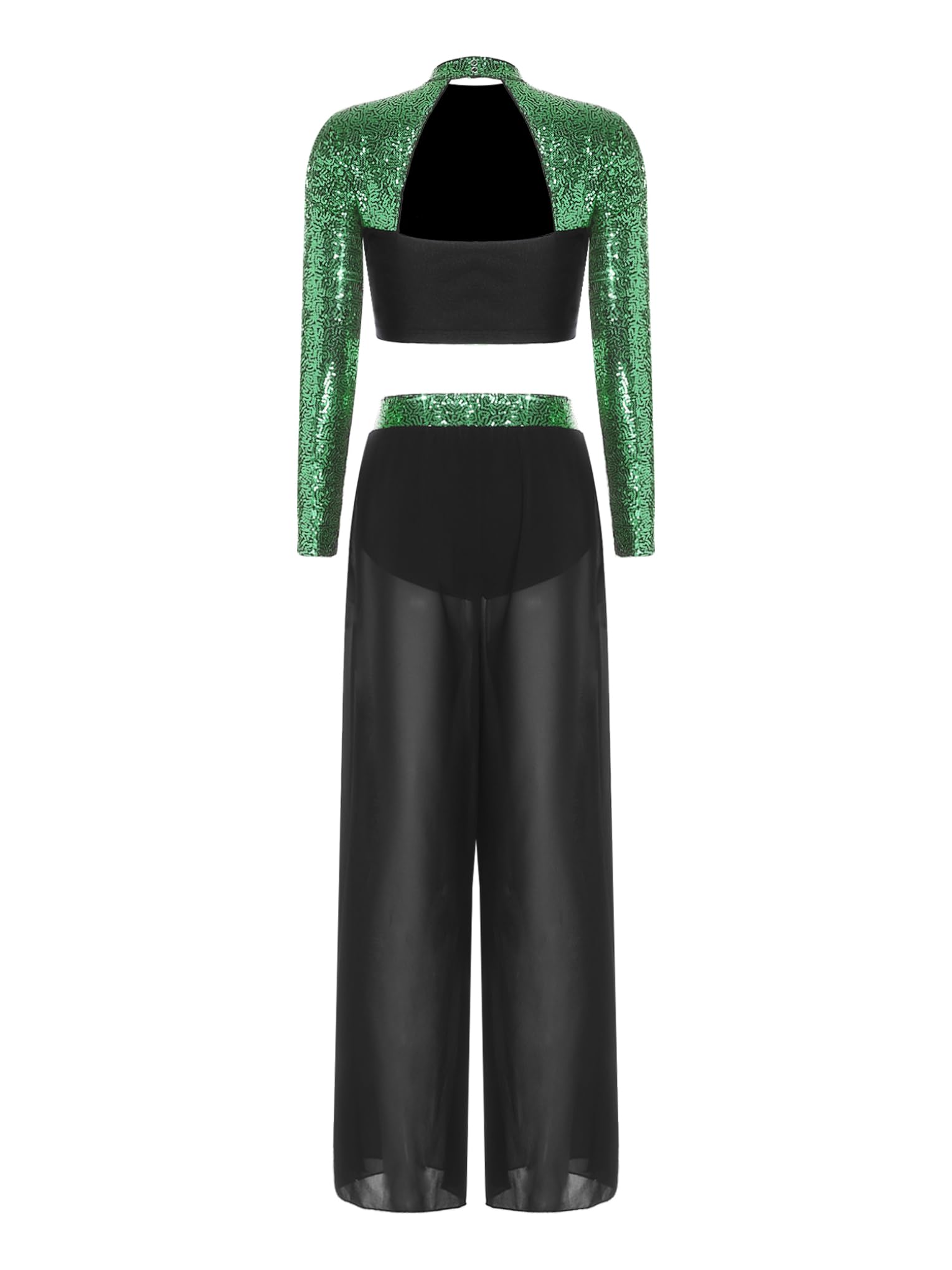 Mujer Traje Baile Lírico con Lentejuelas Brillantes Crop Top de Manga Larga y Pantalones Traje de Gimnasia Rítmica Disfraz de Bailarina de Ballet S-XXL