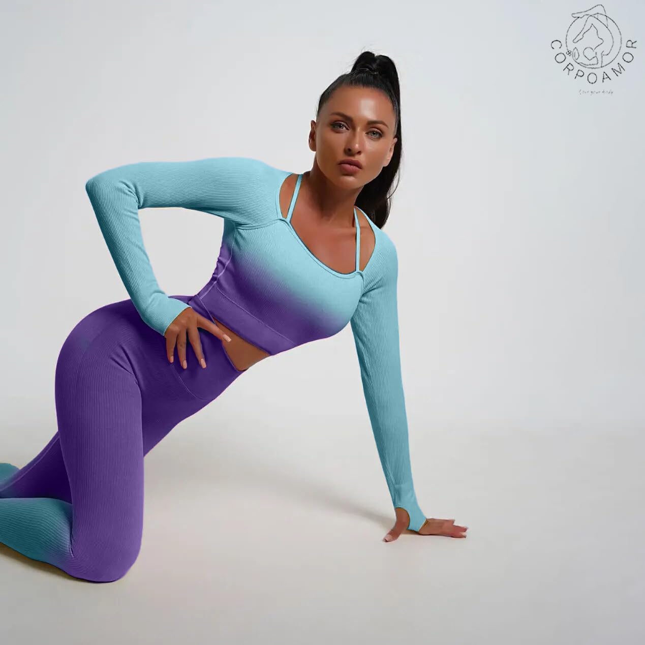 Women's Fitness Gym Outfit Yoga Crop Top & High Waisted Leggings Ombre 2 Pc Set - Image 6