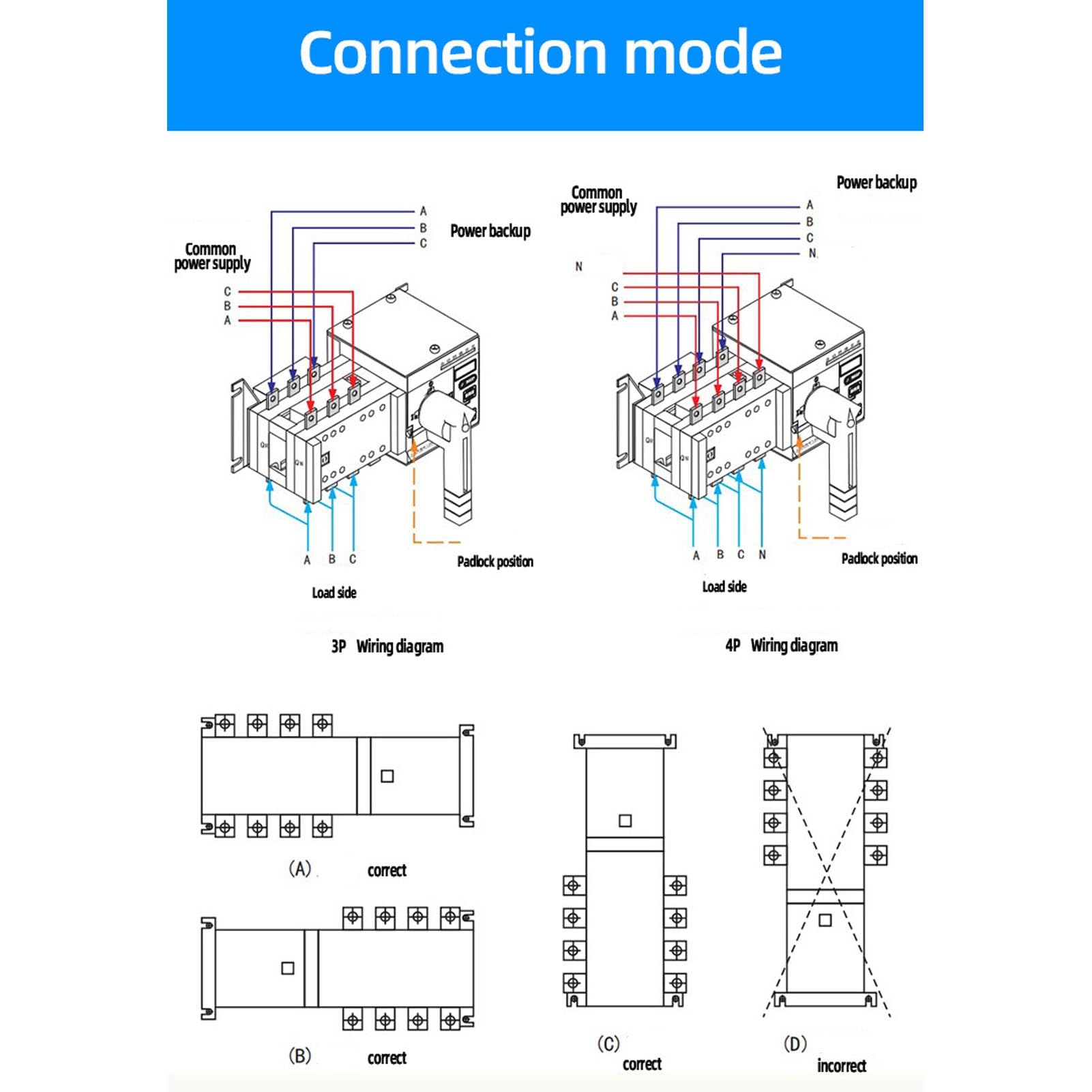 AMONIDA Automatischer Dual-Power-Transferschalter, Mikromotorsteuerung, 4-Betrieb für öffentliche Gebäude, AC400V, Doppelfunktionalität (200A)