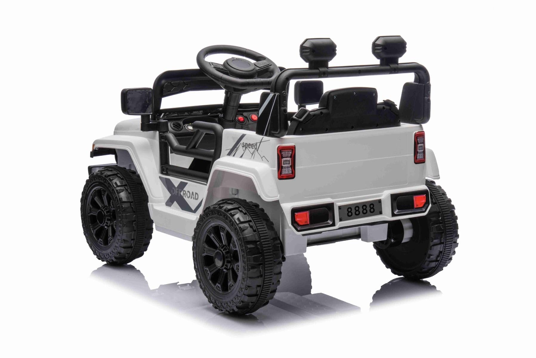 Voiture électrique Enfants Offroad New avec Traction arrière, Blanche, Batterie Lithium, châssis Haut, siège Large, Suspension arrière, télécommande 2,4 GHz, Lecteur MP3 avec USB/AUX, lumières LED