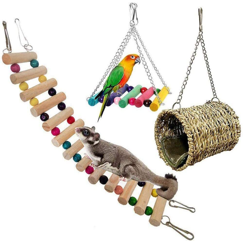 Hámster Juguete, 3 Piezas Hamster Accesorios Madera Natural, Escalera Columpio Hamaca Colgante para Columpiar Masticar Trepar y Dormir para Mascotas Pequeñas Hámster Rata Jerbos Cobayas Loro