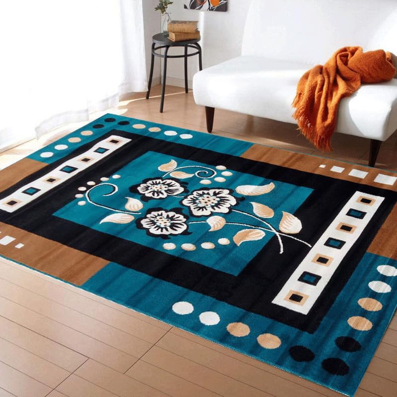 Image of Modern Floral Area Rug for Living Room | Soft Anti-Slip Carpet for Bedroom & Hall | Stylish Blue & Black Designer Floor Rug 6x8 feet