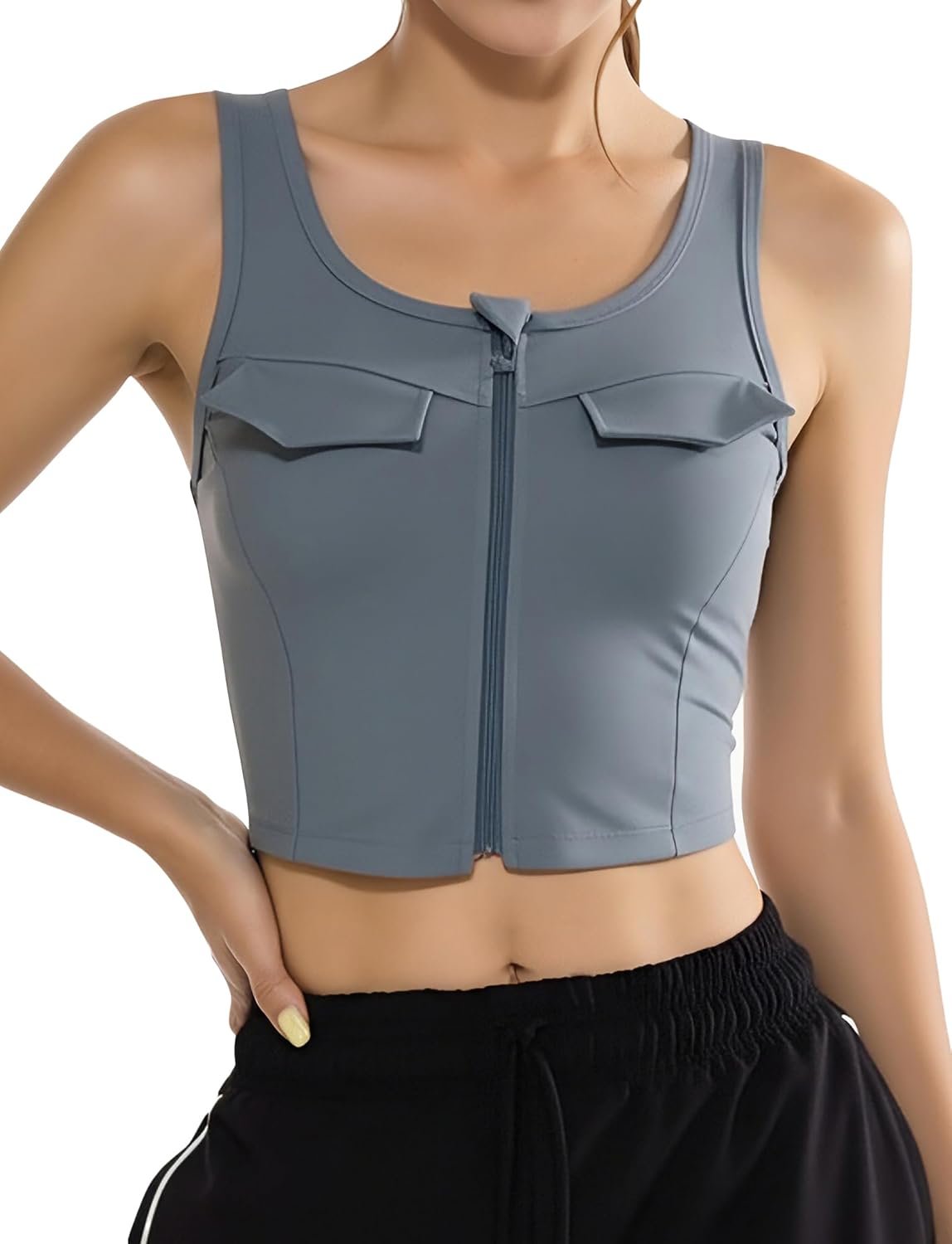 FEOYA Women's Cargo Tank Top Front Zip Workout Yoga Crop Top U Neck Sleeveless Athletic Fitness Gym Vest