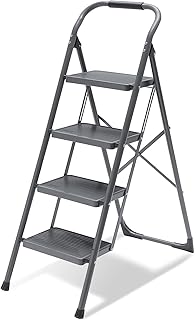 4 Step Ladder Alohappy, Folding Step Stool with Wide Anti-Slip Pedal 330lbs Sturdy Steel Ladder, Ergonomic Handgrip, Lightweight, Portable Kitchen, Office Steel Step Ladder Stool for Adults, Grey