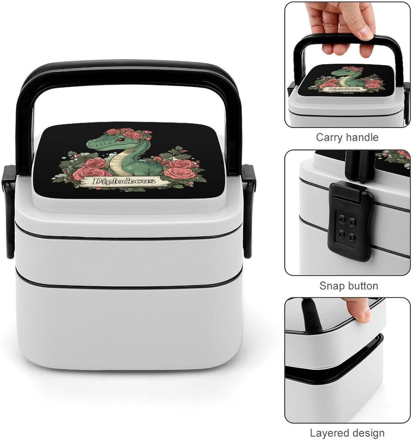 Dinosaur Diplodocus Bento Box with Spoon 2 Layer Food Container Cute Lunch Box for Travel Dining Work