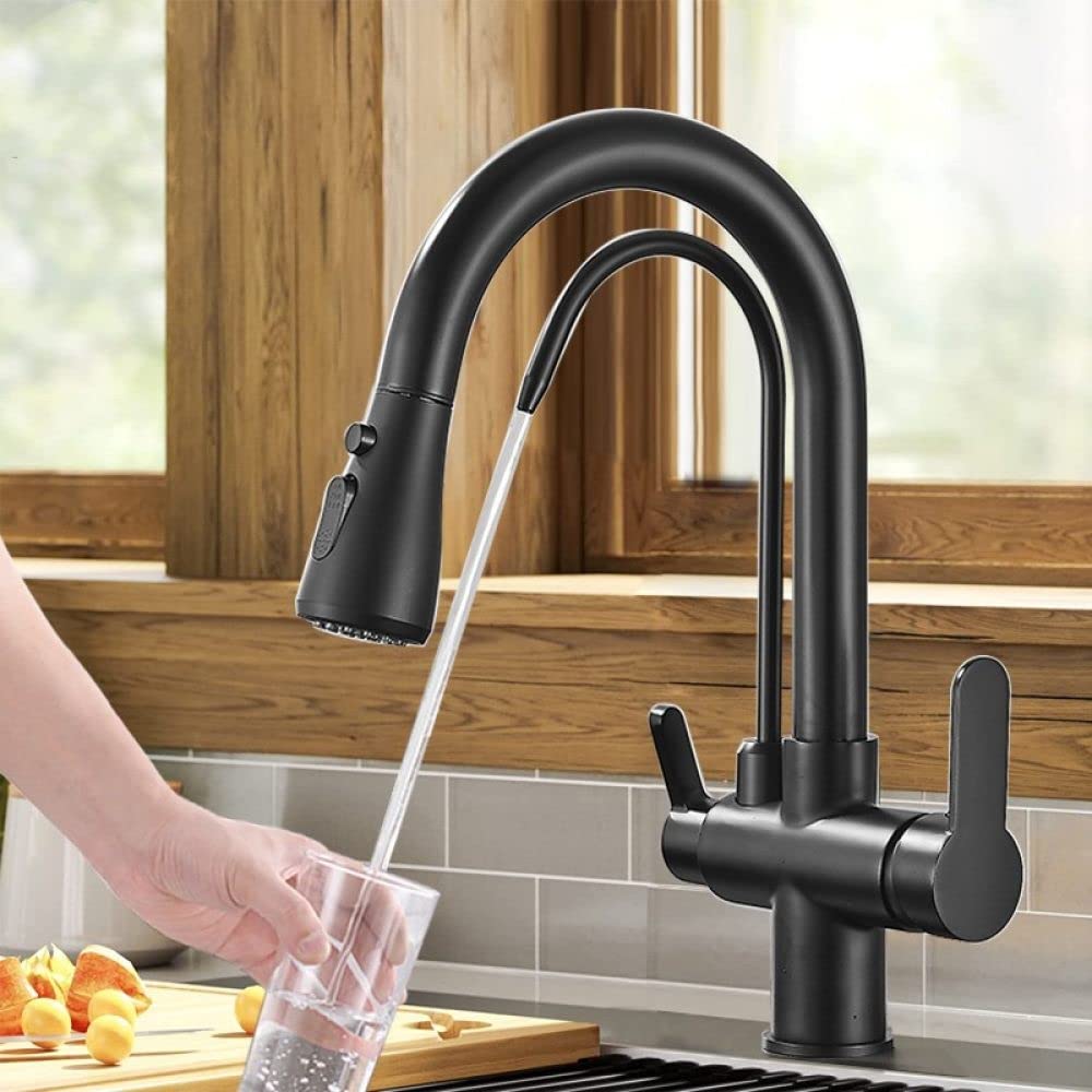 Rubinetto per filtro dell'acqua nero opaco per lavello da cucina con rotazione a 360 ed estrazione spray a tre vie rubinetto miscelatore per acqua filtrata
