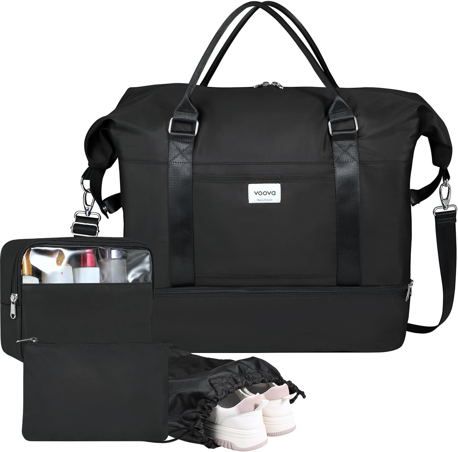 Voova Weekender Bags for Women, Large Travel Duffle Bag for Personal Item Travel with Shoes Compartment, Carry On Overnight Bag with Toiletry Bags 4 Pack Set for Men, Gym, Hospital, Yoga (Black)