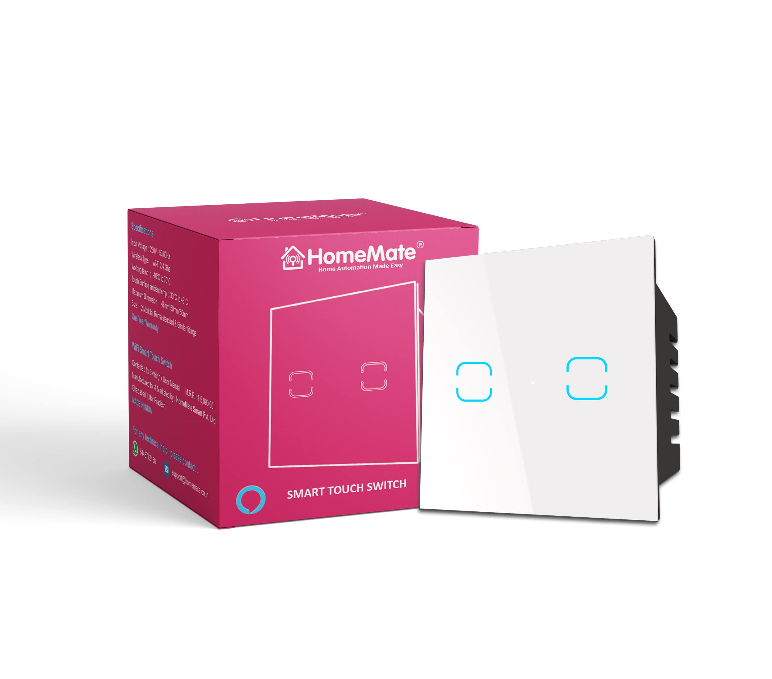 HomeMate® WiFi+BLE 2-Way 2 Gang Touch Switch | No Hub Required | Dry Contact Switch | Home Automation | Compatible with Alexa and Google Home (1, White)
