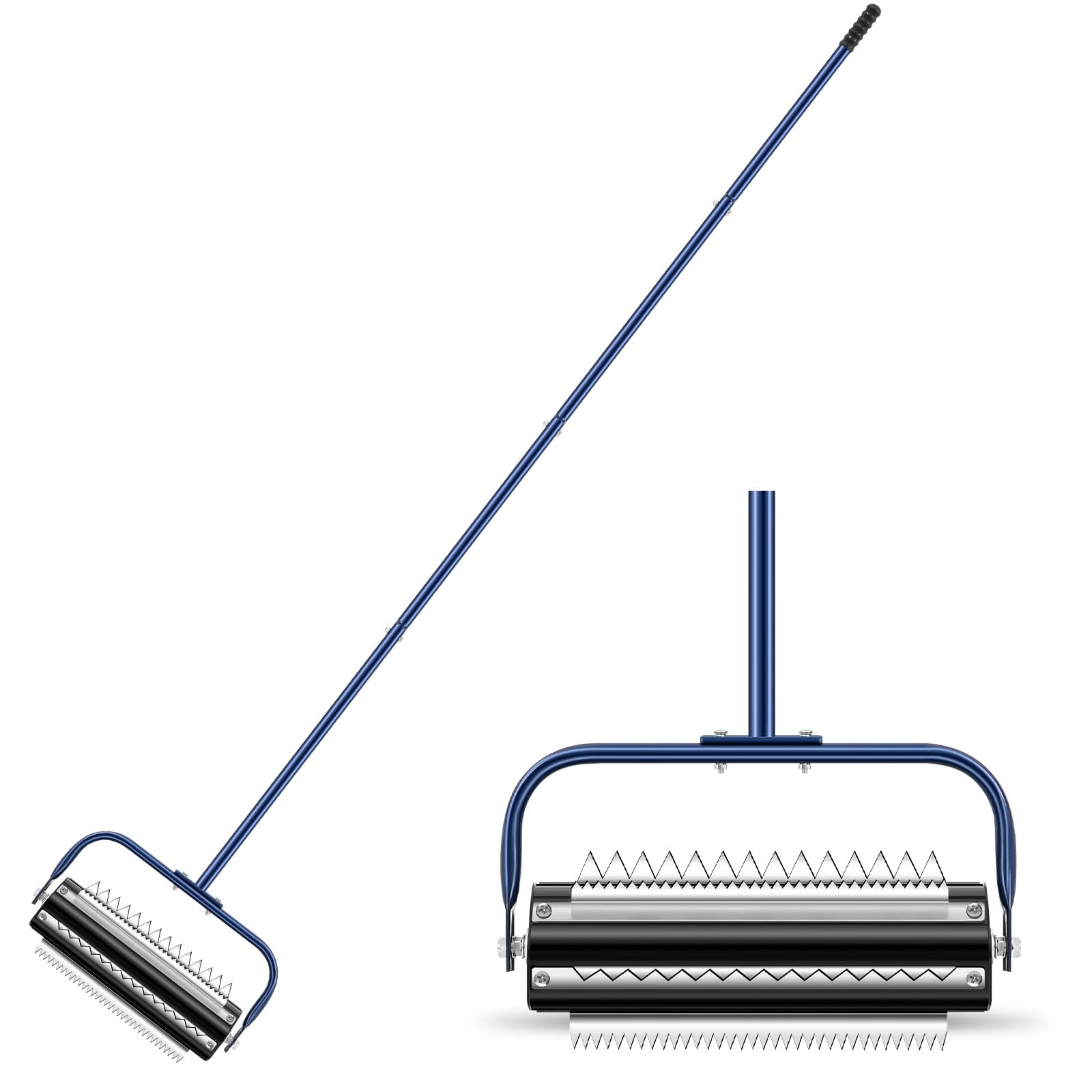 14 ft roller pond rake stainless steel lake weed removal tool, rid weeds roots and muck buildup, with 6 pre installed stainless steel blades and 4 aluminum handles, easy to assemble, blue