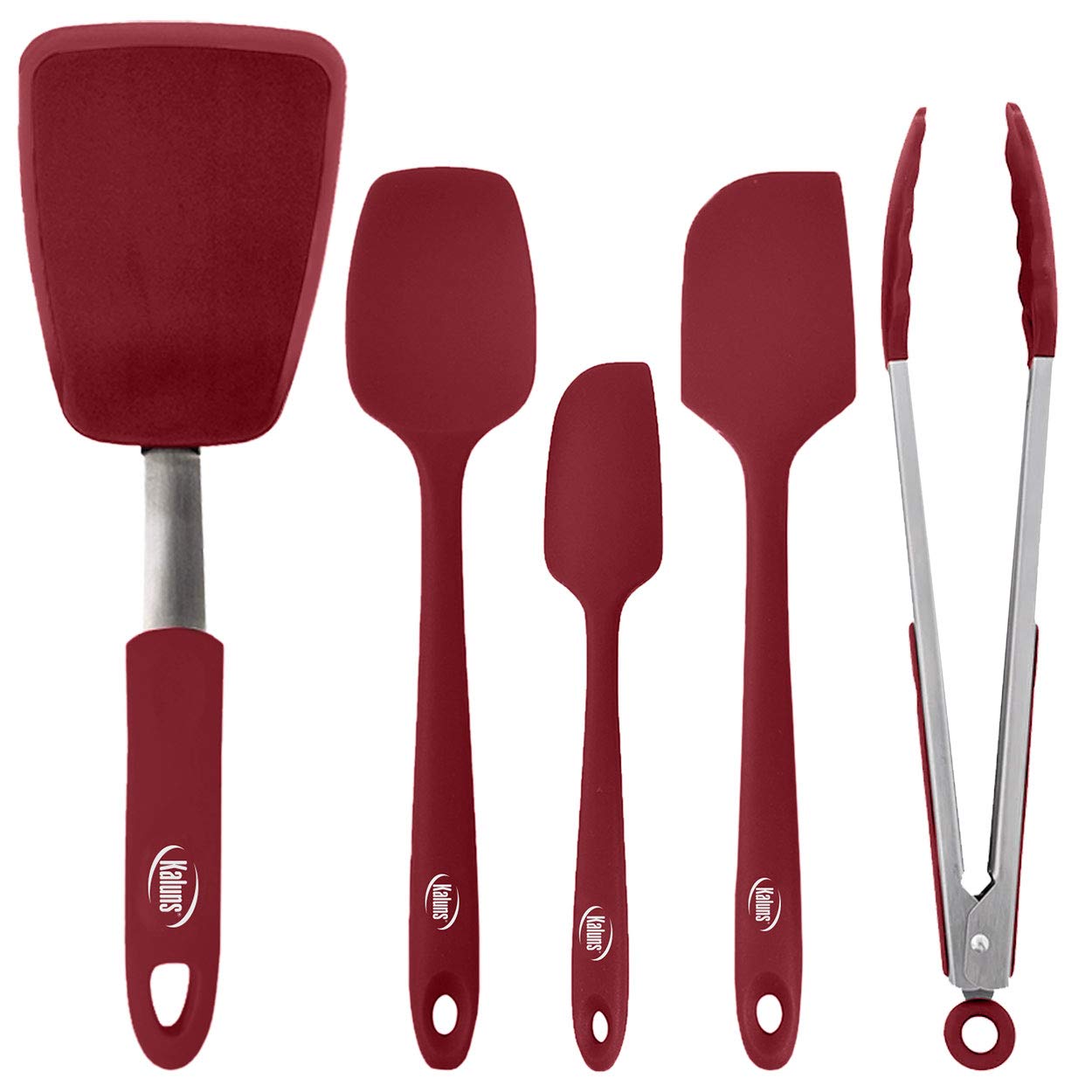 Kaluns 5-Piece set Includes 3 Silicone Spatulas 1 Turner and 1 9" Tong Kitchen Tools Best for Cooking,Baking and Mixing, Strong Stainless steel core design Non-stick and 600F Heat resistanT