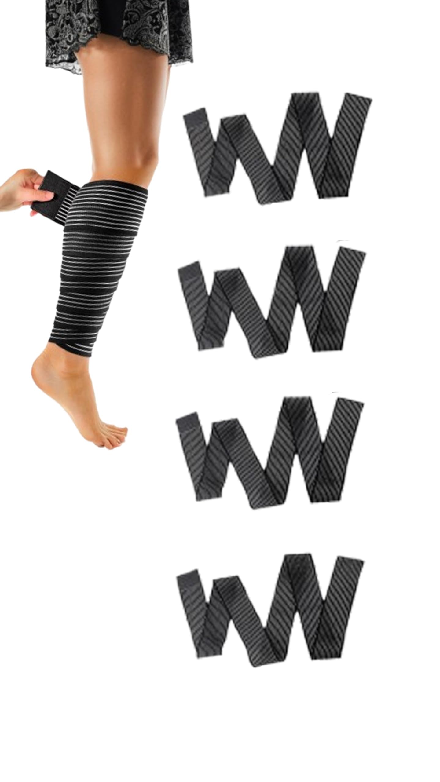 Sweet seven Elastic Calf Compression Bandage - Stabilizing Leg Sleeve for Men and Women, Joint Pain Relief, Sports - Adjustable Black (4 Pieces, 180 cm)