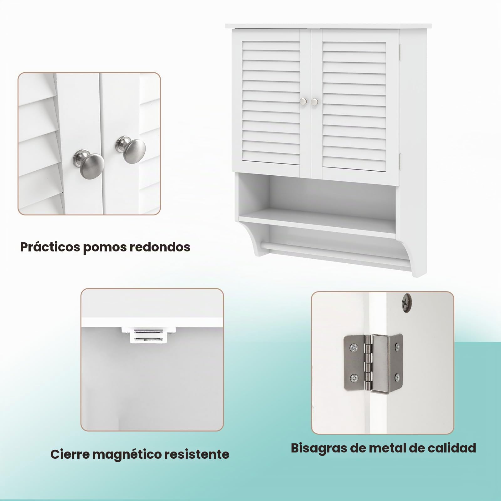 LIFEZEAL Armario de Baño de Pared con Toallero (Blanco) | Mueble de Almacenamiento de Baño de 2 Puertas y 3 Estantes, Madera, Ahorra Espacio, Ajustable, Max 30kg, 60x22x75 cm