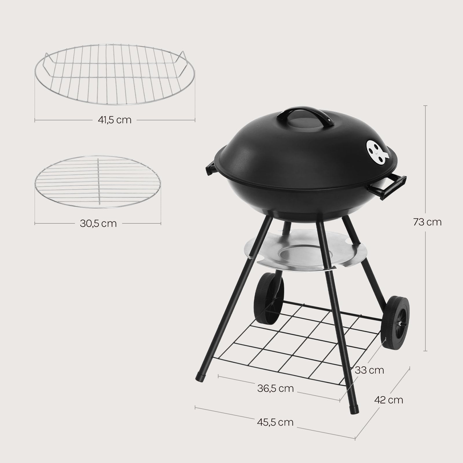 WOLTU Barbacoas de Carbón Portátil de Exterior con Parrilla y Ruedas para BBQ, Jardín, Camping 44 * 73 cm Negro