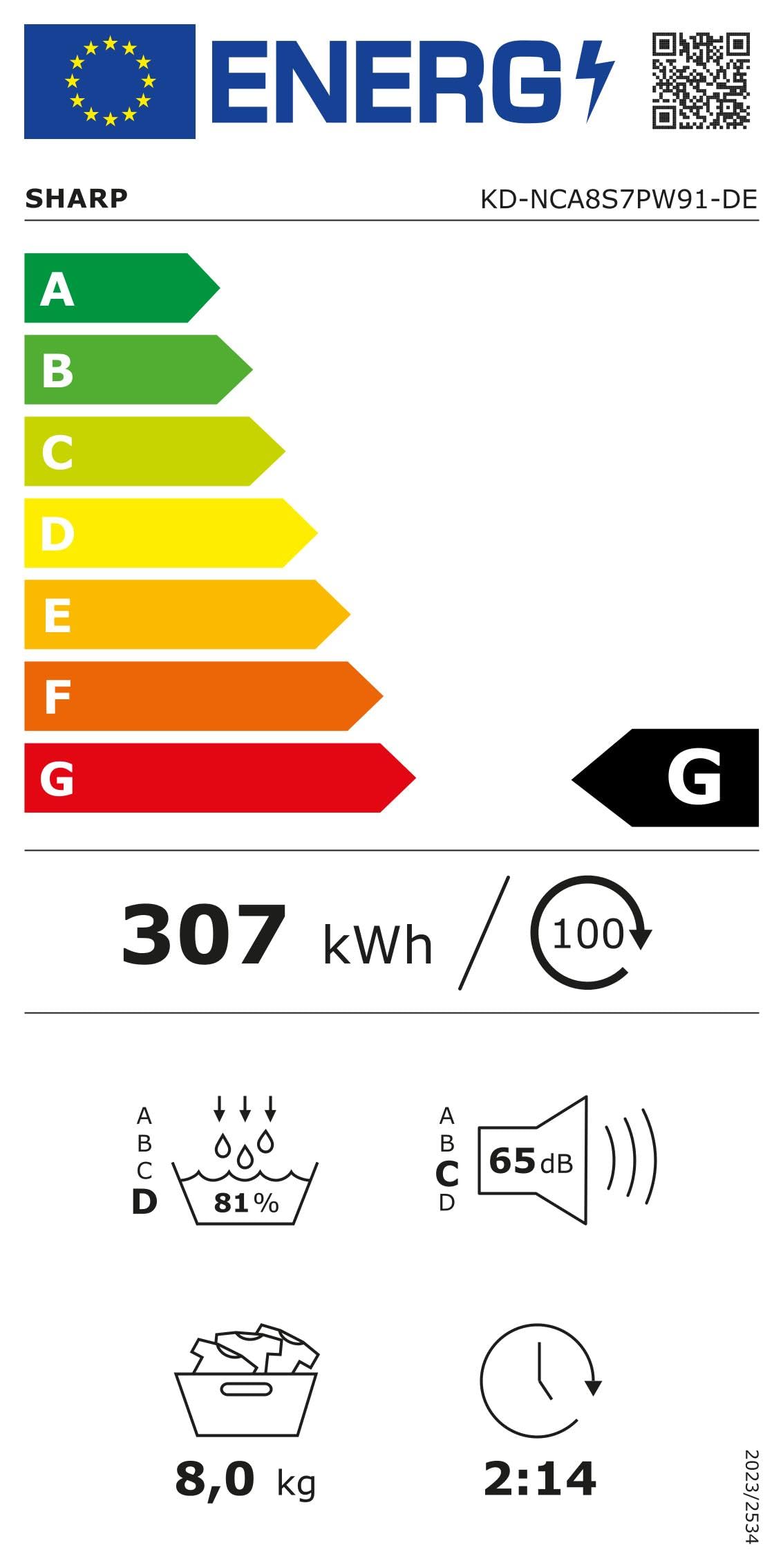 Sharp KD-NCA8S7PW91-DE Kondenstrockner Frontlader, 8 kg, 15 Trockenprogramme inkl. 12-Minuten-Schnelltrocken, Schontrommel, LED-Innenbeleuchtung, Kindersicherung, Weiß