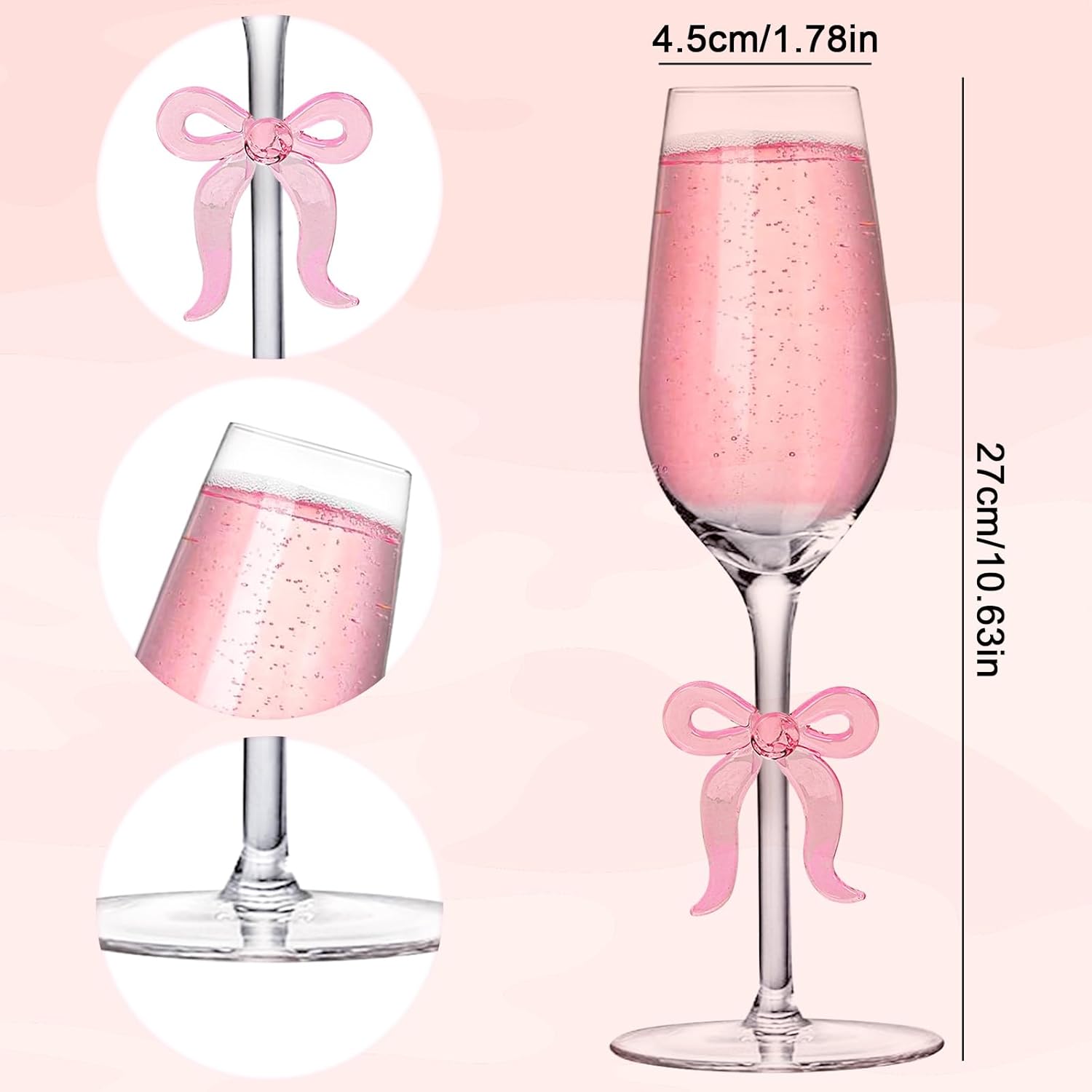 FYSUIMU Pink Bow Champagne Glasses Set of 2 Toasting Champagne Flutes Clear Glass Cocktail Wine Cups for Home Bar Wedding Bridal Shower Bachelorette Party