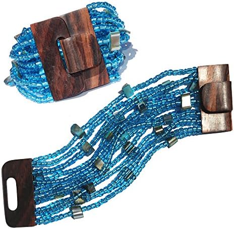 IndoMode®️ Translucent Blue Beaded Ethnic Balinese Bracelet Wooden Buckle Clasp 14 Strands 2” Wide with Shells