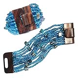 IndoMode®️ Translucent Blue Beaded Ethnic Balinese Bracelet Wooden Buckle Clasp 14 Strands 2” Wide w