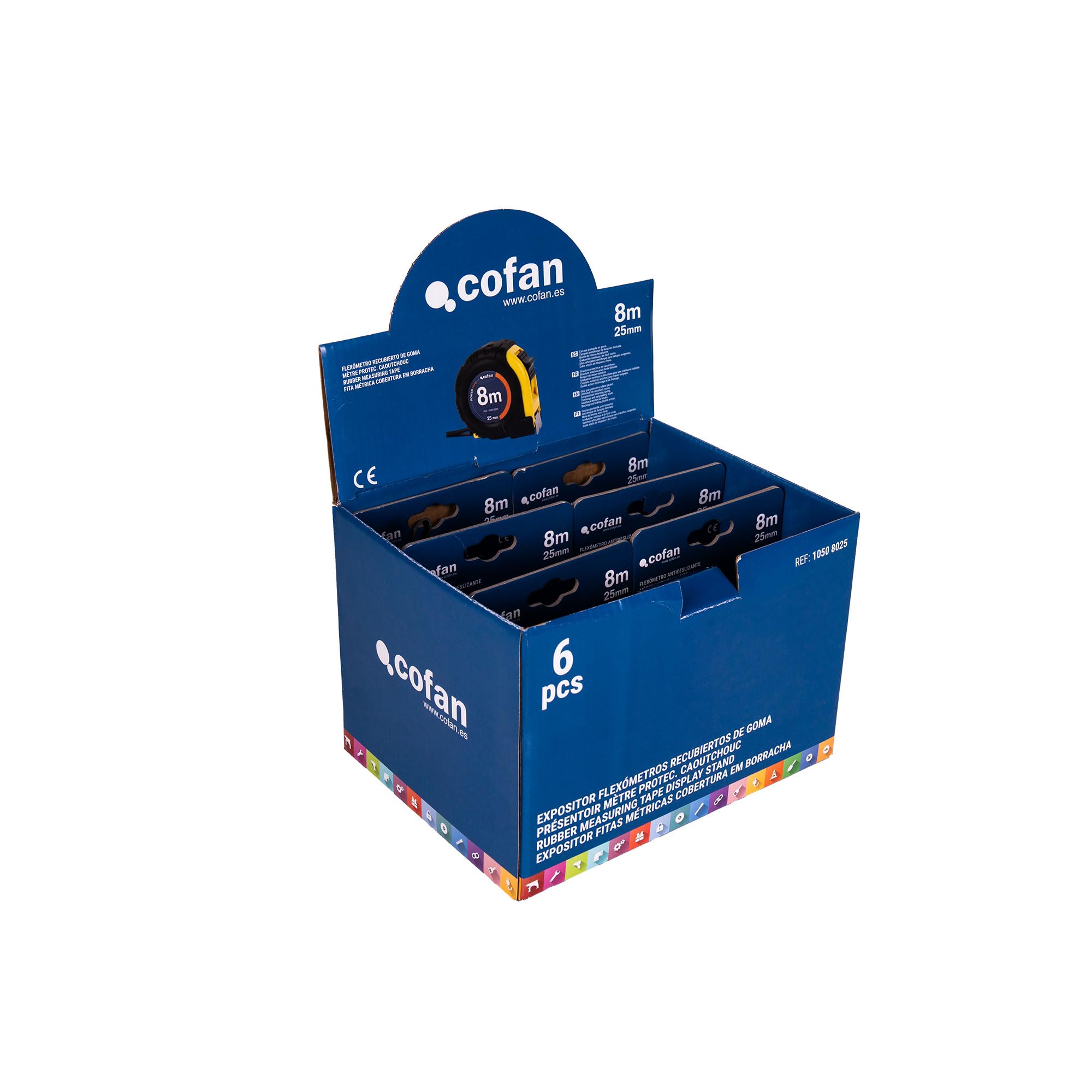 Cofan Espositore per Flexometri con protezione in gomma di Cofan | Include 6 flessometri | Flexometro da 5, 8 o 10 m x 25 o 32 mm (foglio) (6, 8 m x 25 mm)