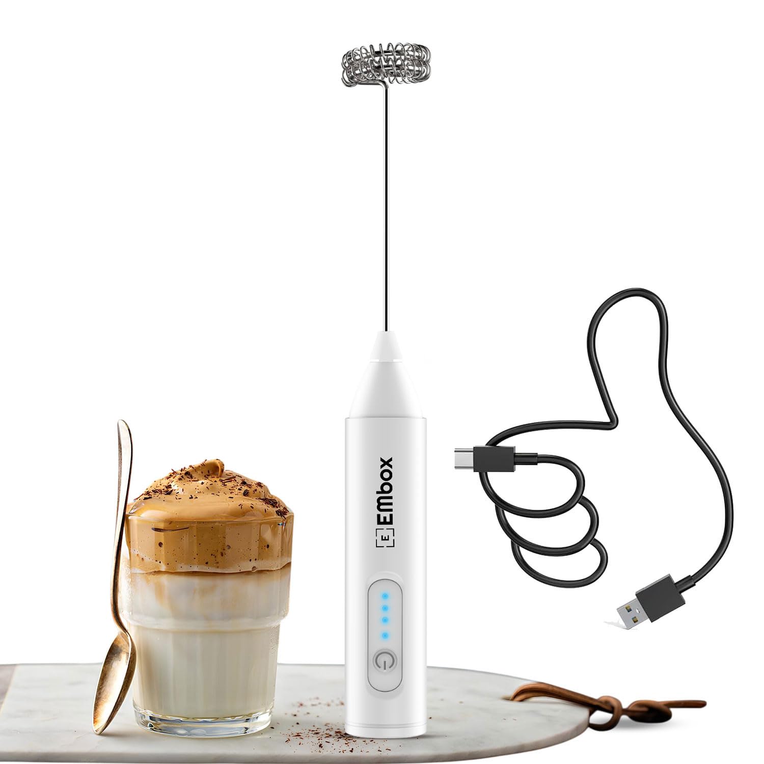 EMBOX Rechargeable Milk Frother Coffee Whisker | 3-Speed Coffee Frother Electric for Cream, Latte, Cappuccino | Egg Whisker | Stainless Steel | 1 Year Warranty | White-picture-34