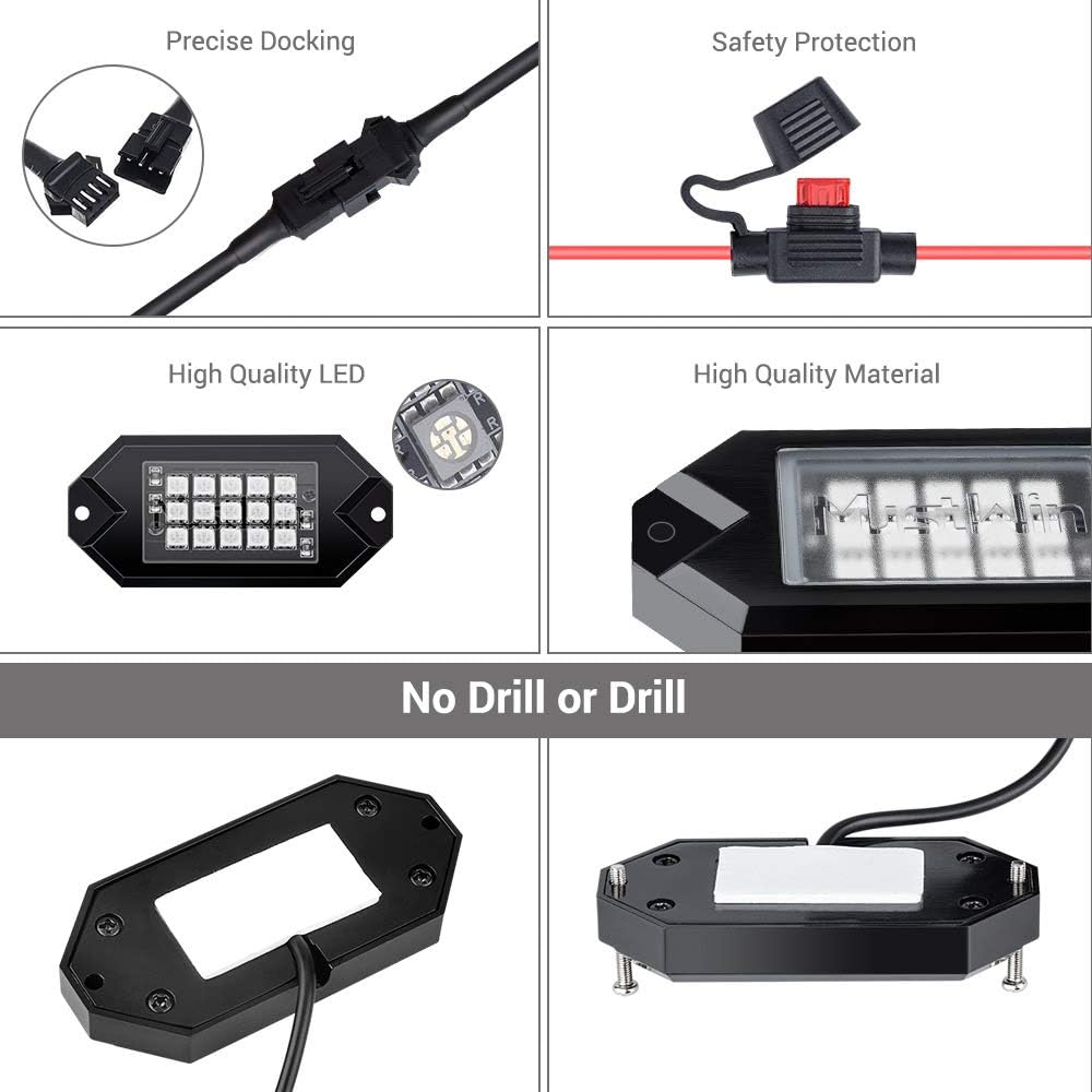 Big Sale MustWin RGB LED Rock Lights 120 LEDs Multicolor Underglow Neon Lights Waterproof Aluminum Light Kit with RF/APP Control Music Mode Timing Function for Truck Jeep Off Road Car UTV ATV SUV 8 Packs