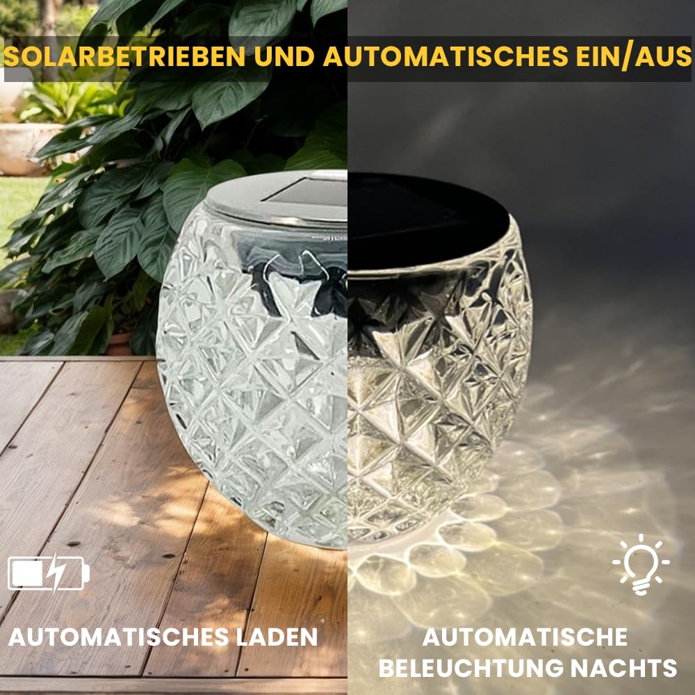 Solarlampen für Außen Tisch, 2er-Set Solar Tischleuchte Outdoor, Tischlampe Solar Outdoor Wasserfest IP44, Warmweiß, Glas, Ø 10 Cm, LED Windlicht Outdoor Solar