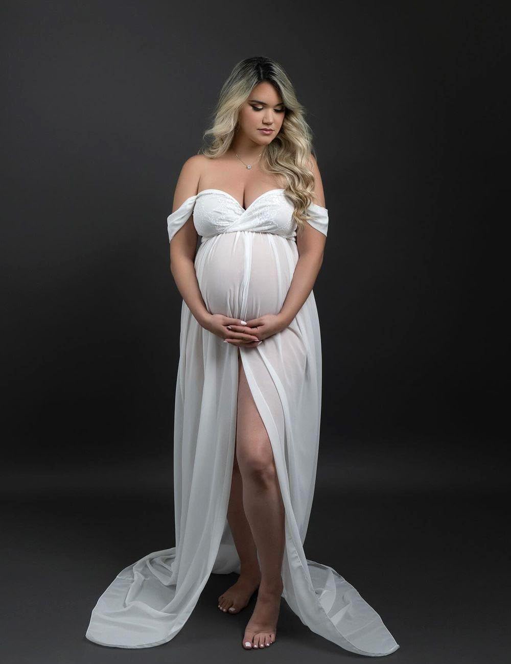 JustVH Maternity Dresses for Photoshoot Off Shoulder Chiffon Lace Gown Split Front Maxi Photography Dresses - Image 3