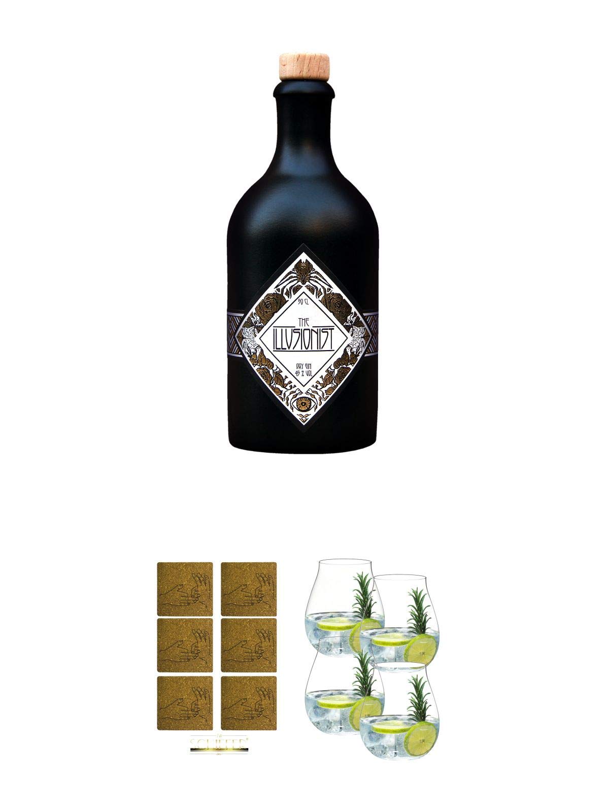 The Illusionist Dry Gin 0,5 Liter + Kork Glasuntersetzer"Illusionist Gin" Zaubertrick eckig 6 Stück ca. 9,5 cm Durchmesser + Gin Tonic Glas - 5414/67 4er Set