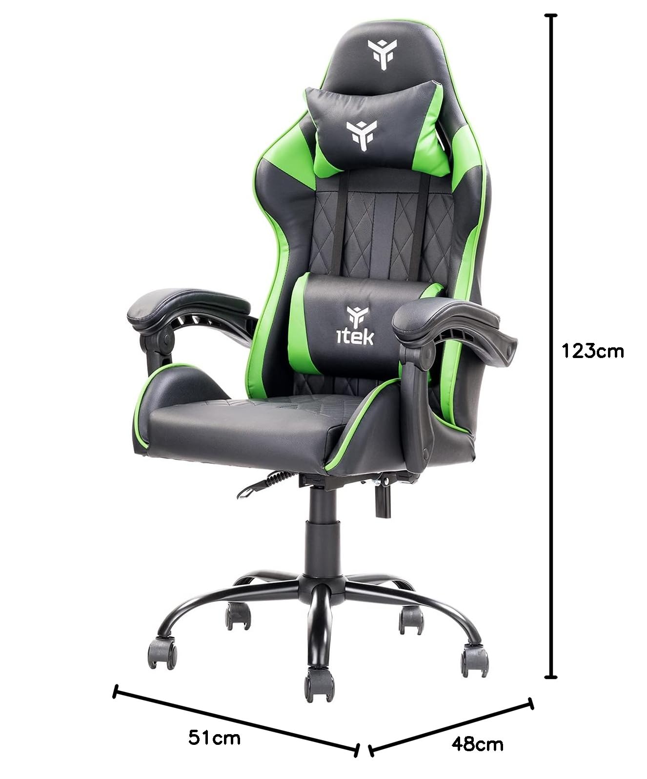 ITEK RHOMBUS PF10 Sedia Gaming ergon. Verde, schienale reclinabile, cuscino poggiatesta, sup. lombare, confort e design, ideale come sedia ufficio, sedia per studio o poltrona per gamer