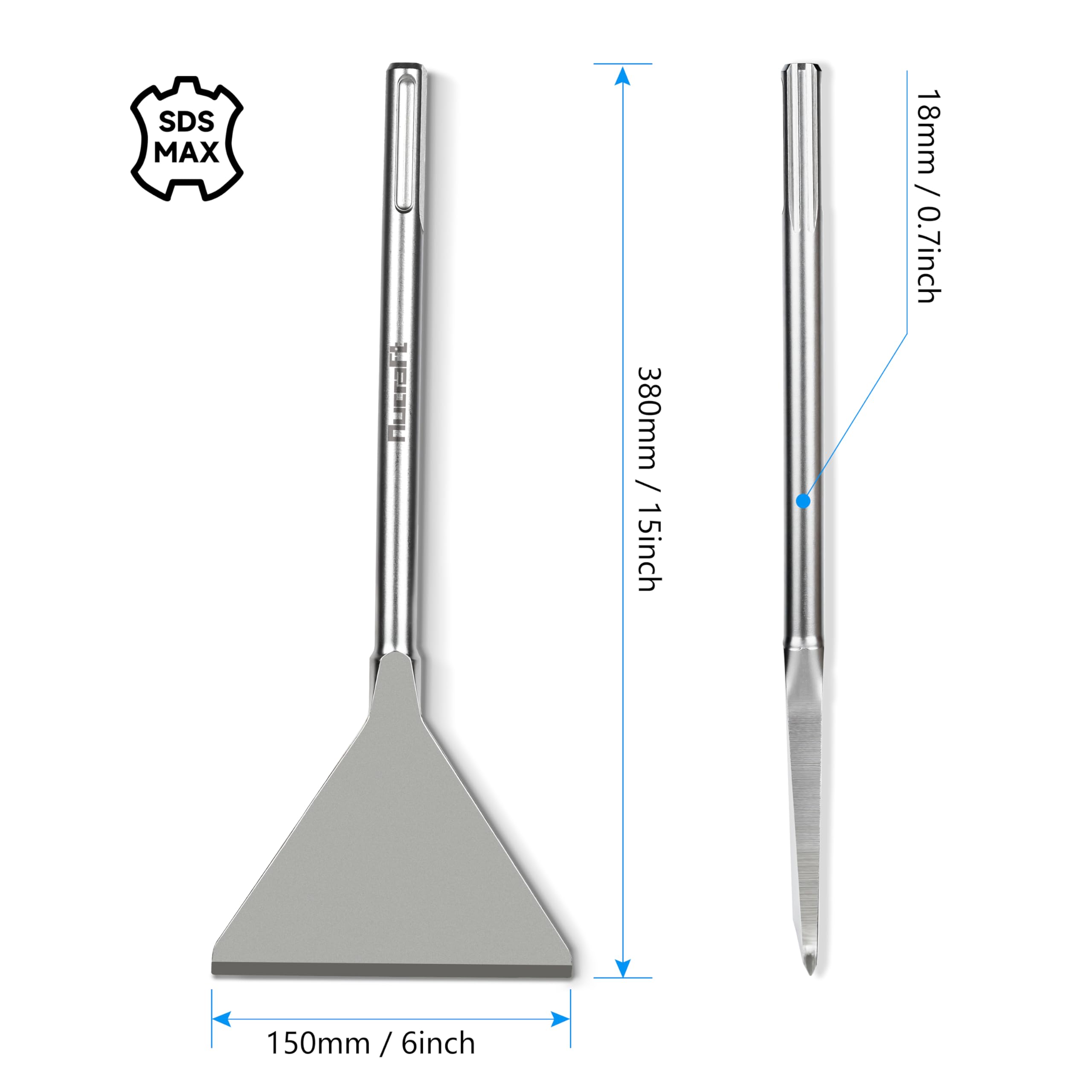 Nucraft SDS-Max dłuto szerokie, szpatułko do płytek, 150 x 380 mm, dłuto w jakości przemysłowej, bardzo szerokie, wytrzymała konstrukcja
