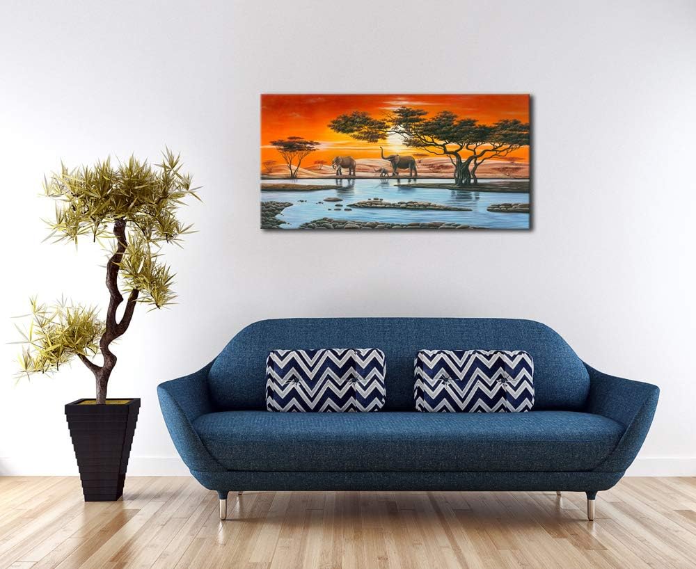 Wieco Art African Elephants Giclee Canvas Prints Wall Art Modern Extra Large African Landscape Animals Paintings Reproduction Pictures Artwork for Living Room Home Decorations