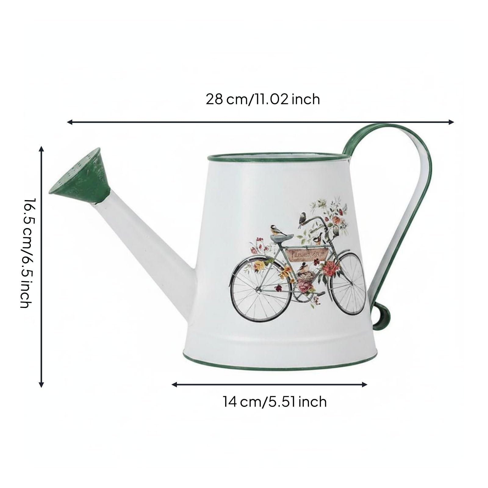 Arrosoir Métal Arrosoir Jardin Arrosoir Intérieur Arrosoir Balcon Verseuse Précision Arrosage Délicat Métal Capacité, Blanc, Vélo Fleuri avec Bordure Et Poignée Verte
