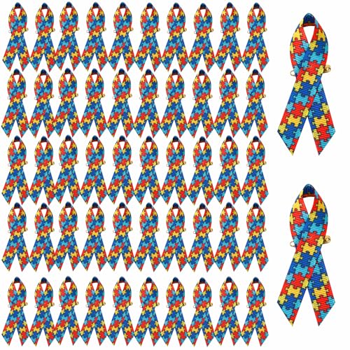 Image of 100 PCS Autism Fabric Awareness Ribbons Wired Fabric Ribbons with Safety Pins Lapel Pin Satin Ribbon for Charity Public Social Event Welfare Supplies(Autism Awareness)