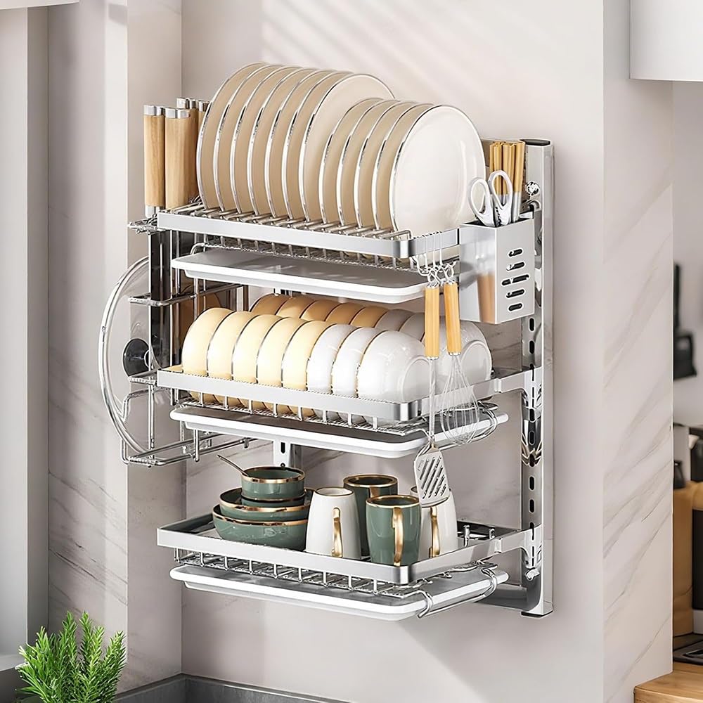 Égouttoir à vaisselle mural pliable avec plateau amovible Cuisine en acier inoxydable pour assiettes, verres, tasses et bols. Montage facile et peu encombrant pour les cuisines modernes