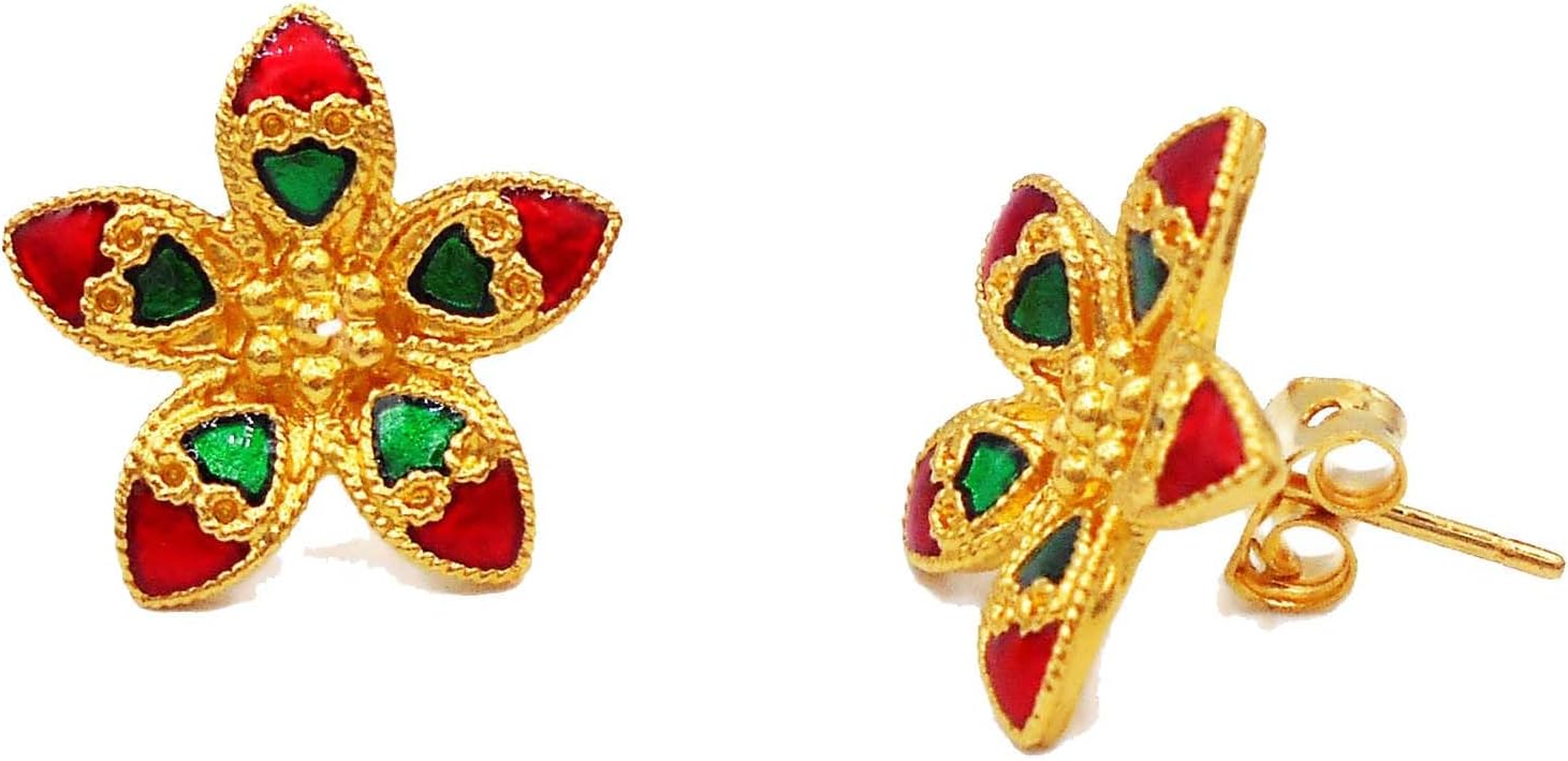 Stud Flower Enamel 22k 23k 24k Thai Yellow Gold GP Earrings Jewelry