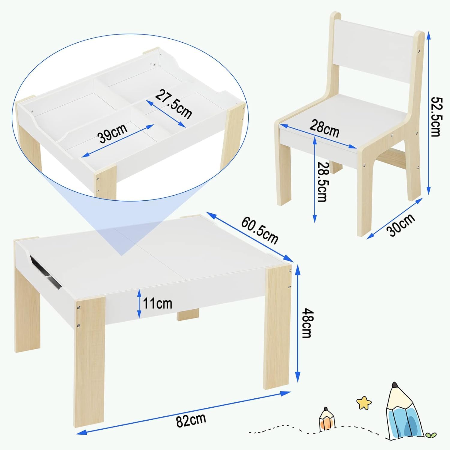 Lestarain Kindertisch mit 2 Stühlen, Kindertisch mit Stauraum, Maltisch für Kinder, Kindersitzgruppe mit wendbarer & abnembarer Tischplatte, Kindermöbel Set für Kinderzimmer Kindergärten, Weiss