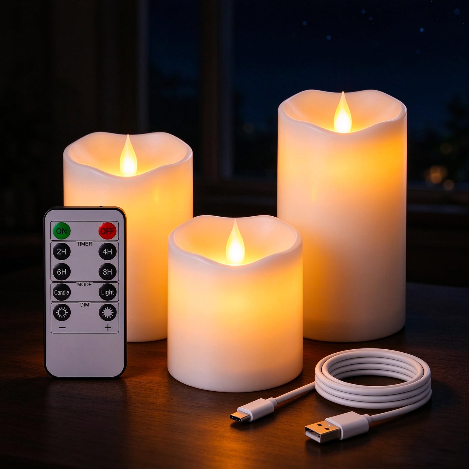 buways LED Kerzen mit Fernbedienung, Timer & Flackereffekt, 3 Stück | Flammenflackern und Timer-Funktion,100-200 Std. Laufzeit, USB-C, Dimmbar, für Party Halloween Weihnachten Deko